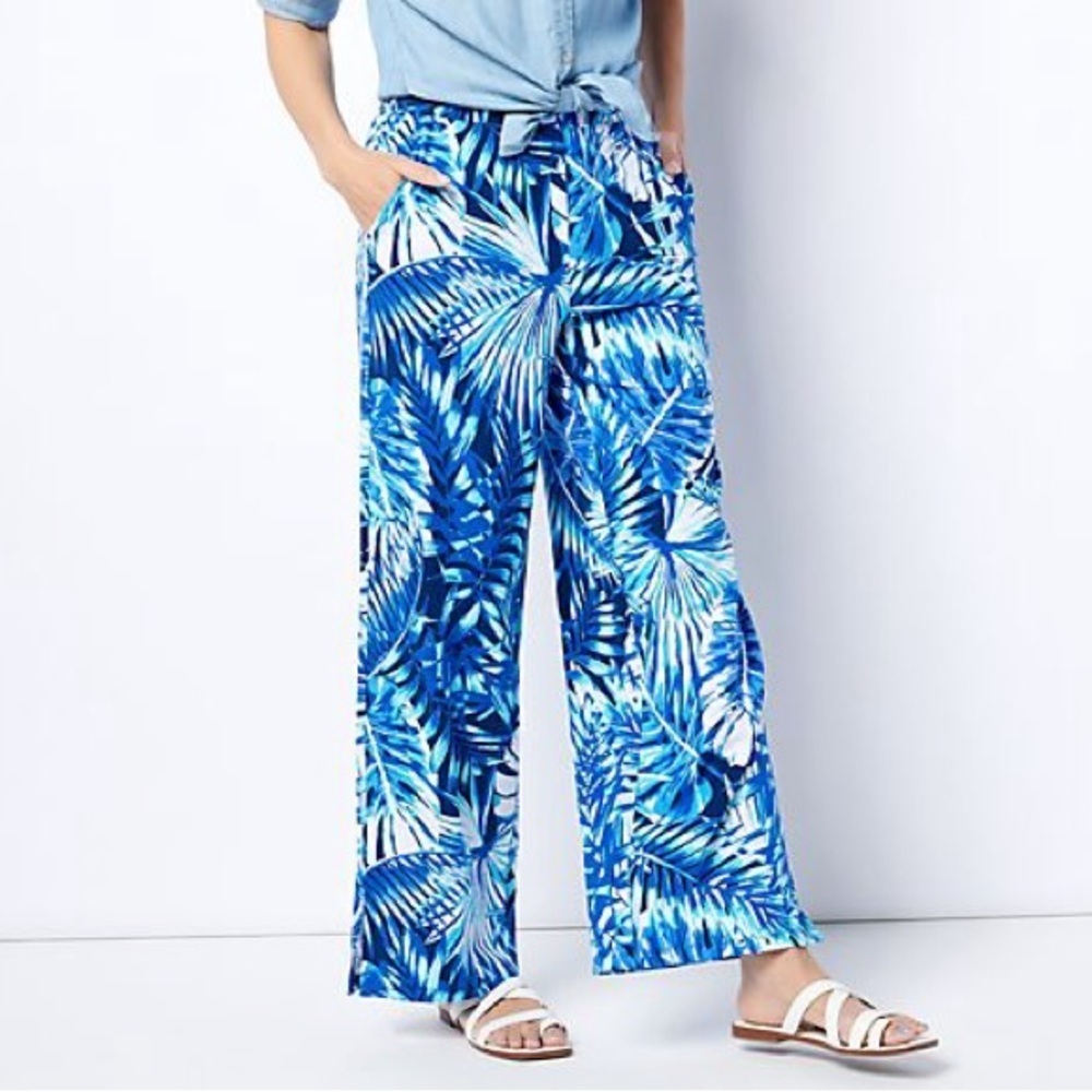 Denim & Co. Size XS Tall Beach Printed Jersey Pants Blue Palm
